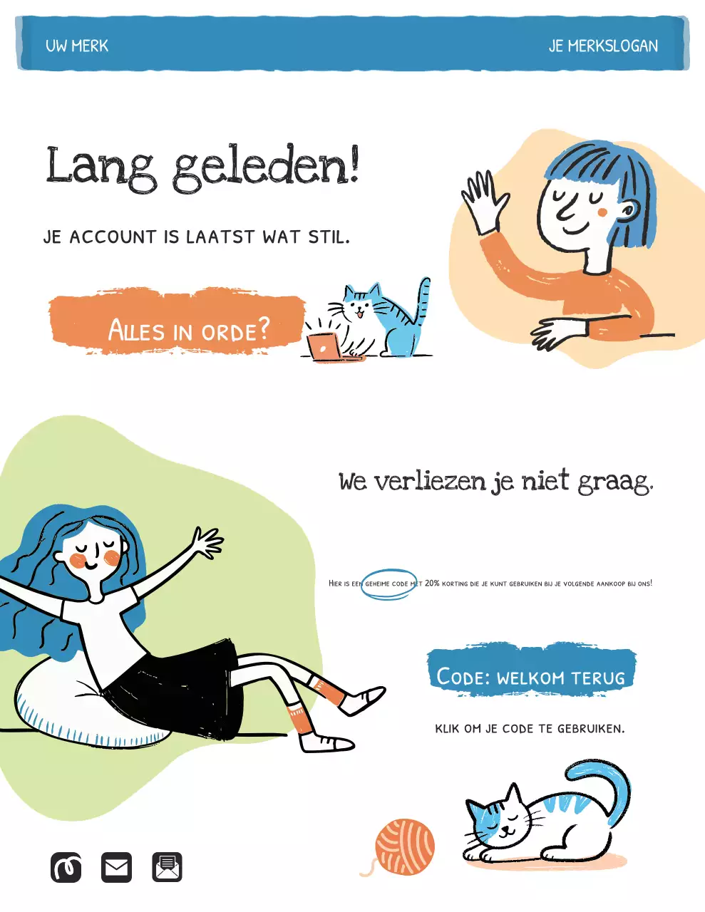 Oranje en blauwe handgetekende illustratieve herinneringsbrief voor de campagne