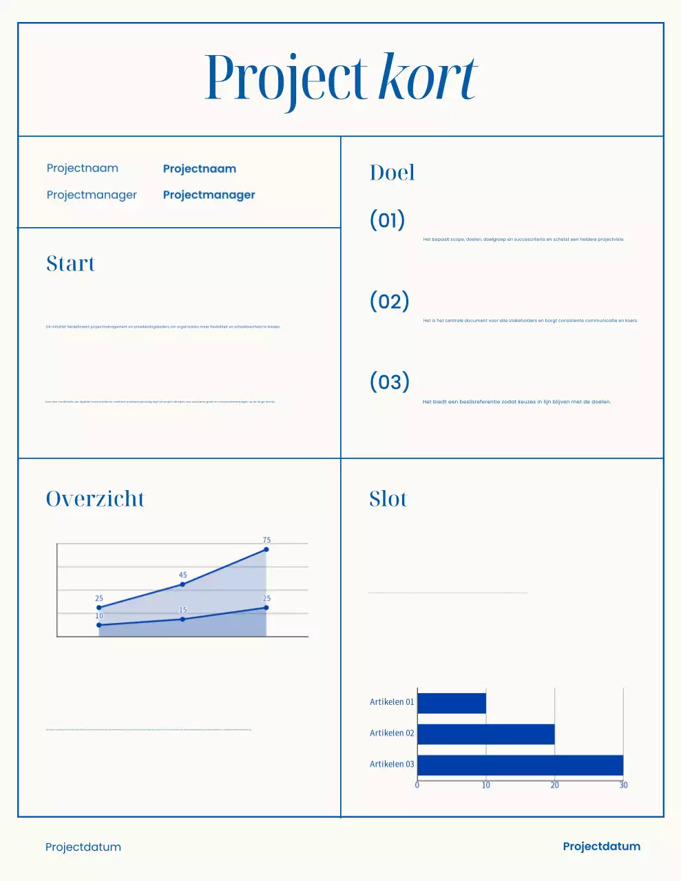 Projectbrief voor een minimalistisch project in wit en blauw