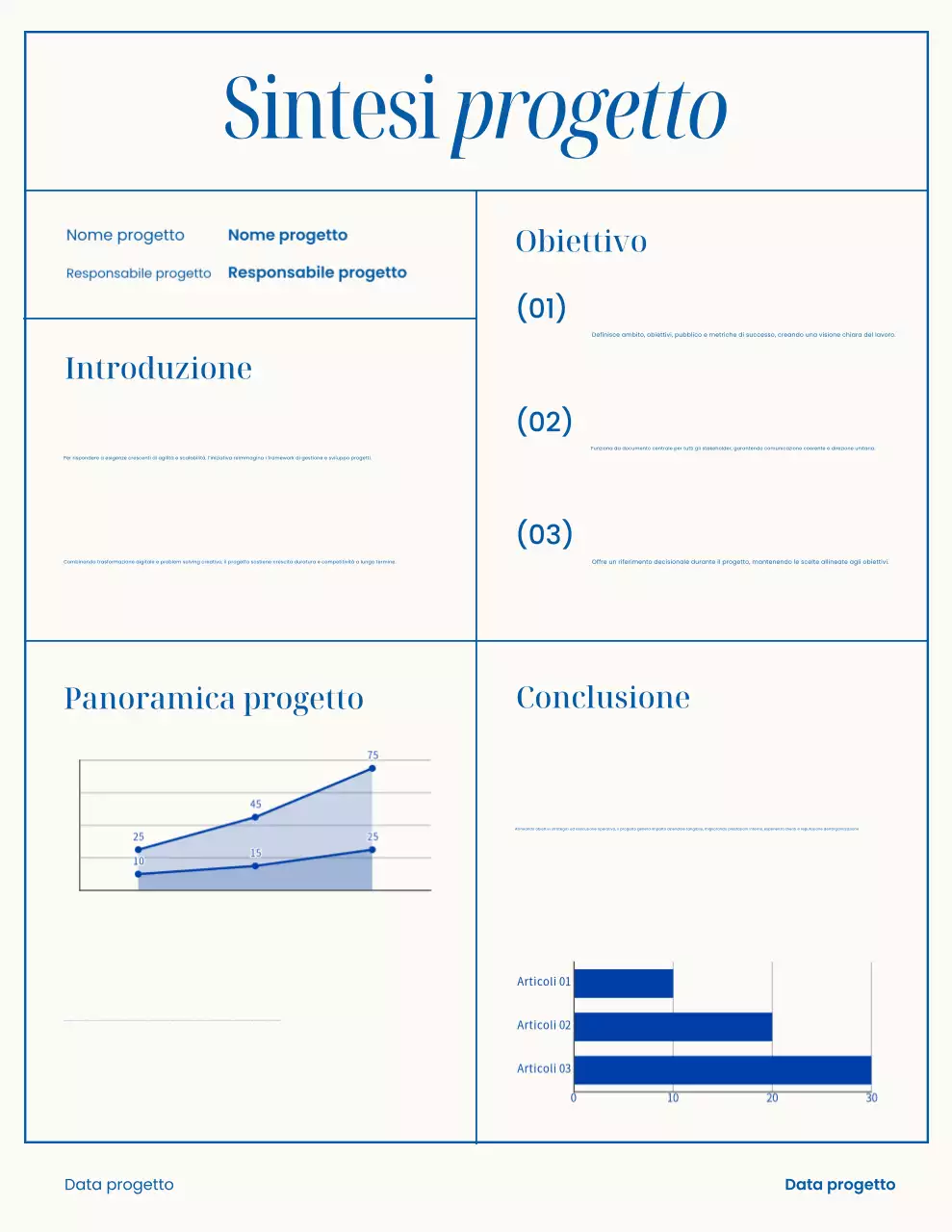 Lettera riassuntiva del progetto minimale bianco e blu