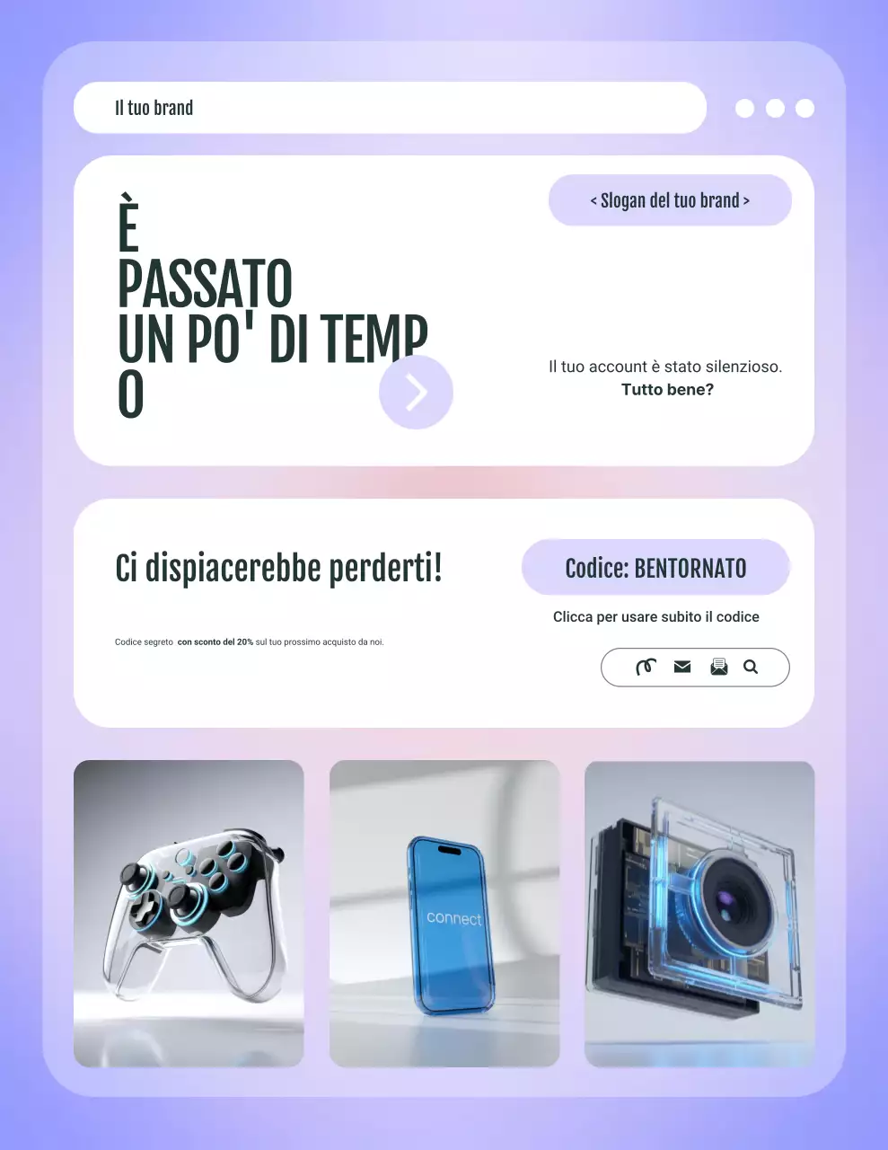 Lettera di promemoria per la campagna di prodotti elettronici con interfaccia utente minimale viola e bianca