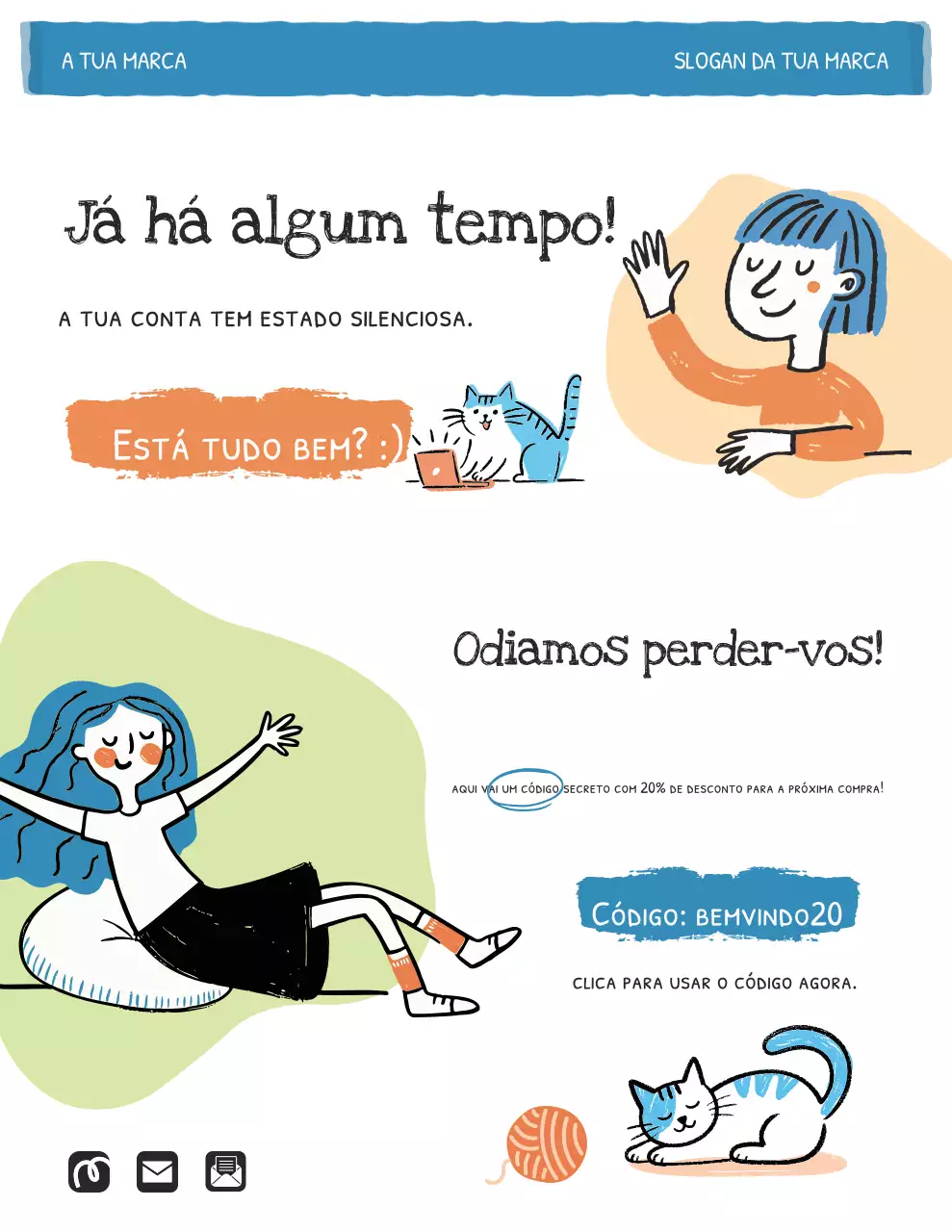 Carta de campanha com ilustração desenhada à mão em tons de laranja e azul - Lembrete da campanha