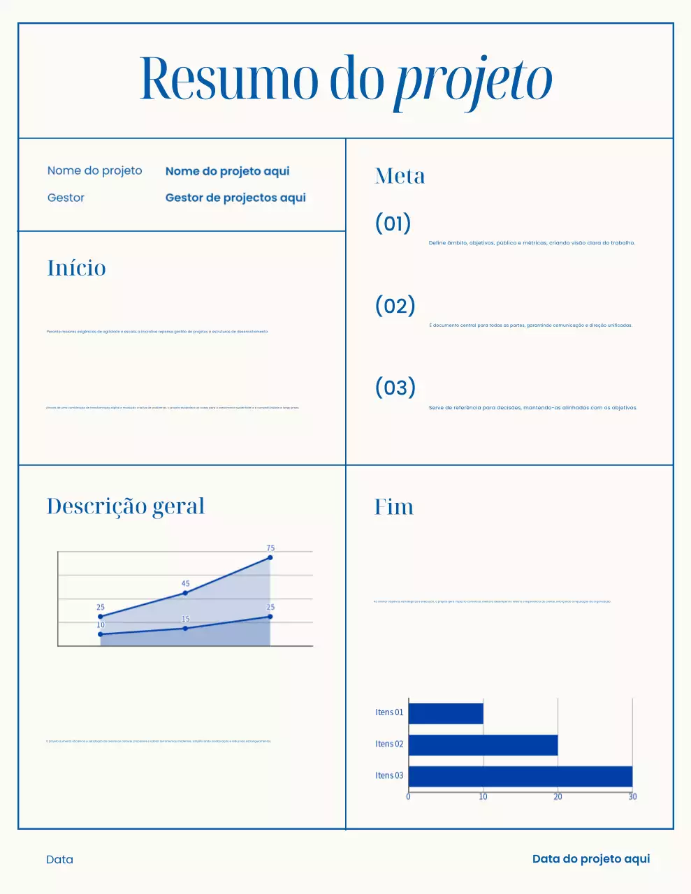 Carta de apresentação do projeto minimalista em branco e azul