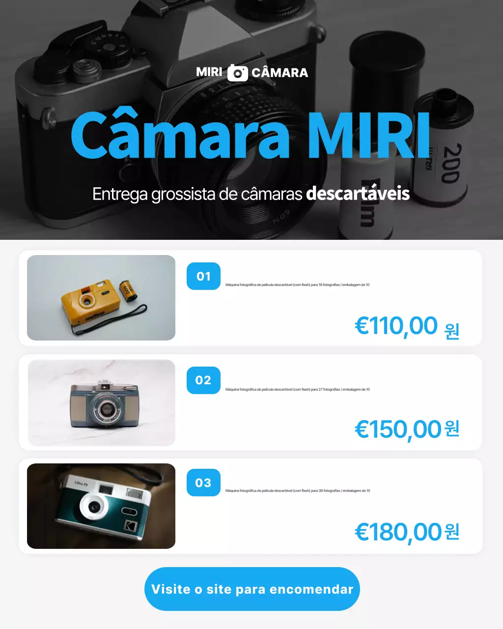 Promoção de produtos de câmeras modernas em preto e branco