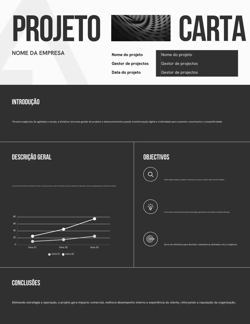 Carta de relatório resumido de projeto minimalista em preto e branco