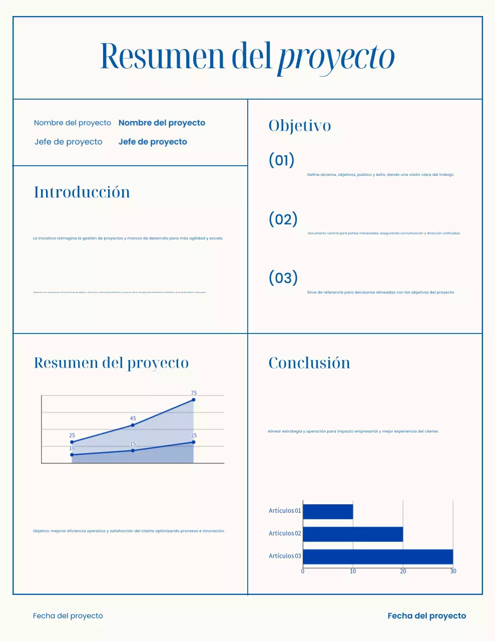 Carta breve del proyecto minimalista en blanco y azul
