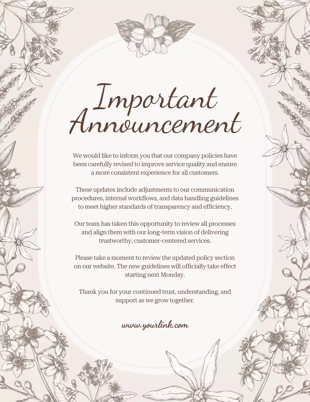 Beige Floral Announcement Notice
