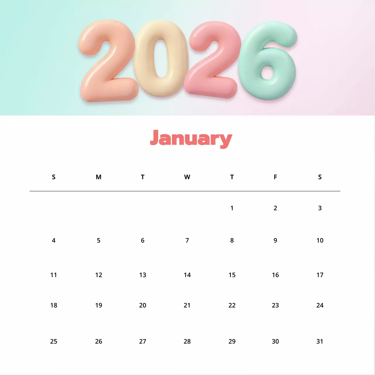 2026년 파스텔 달력 일정