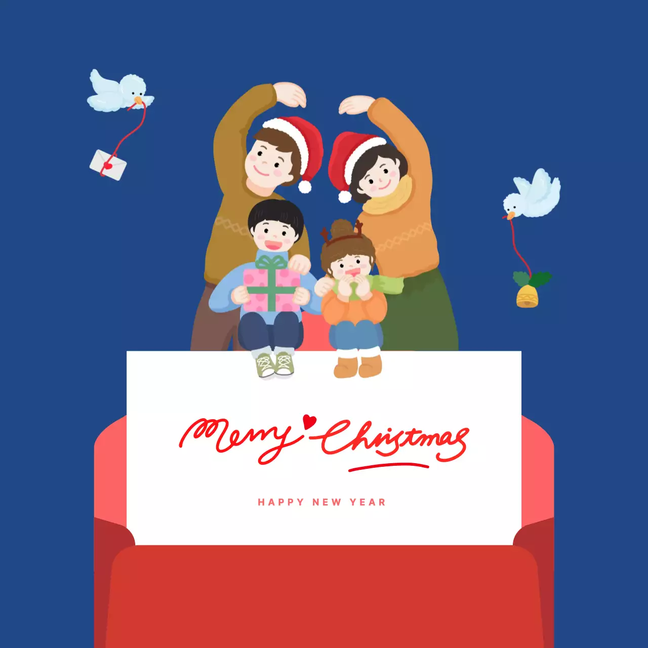 파란색 아기자기한 산타 가족 크리스마스 카드