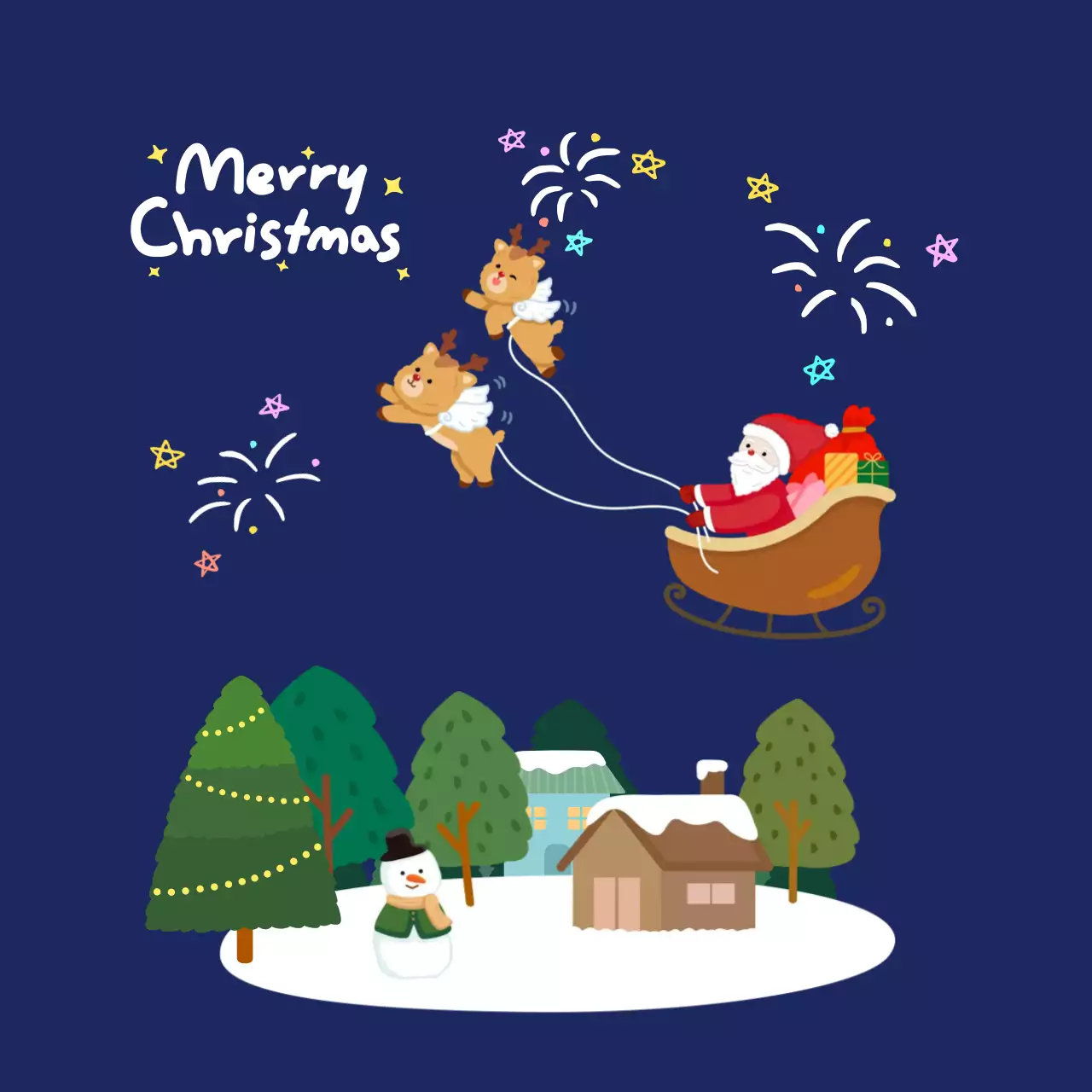 남색 아기자기한 크리스마스 썰매 카드