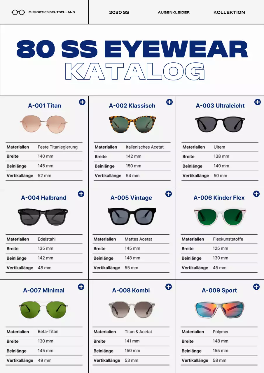 Katalog für moderne blaue Brillen