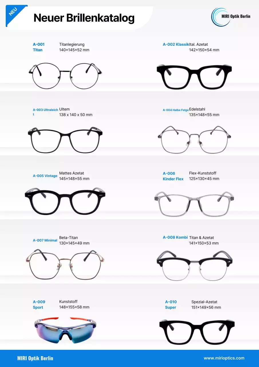 Katalog für moderne blaue Brillen