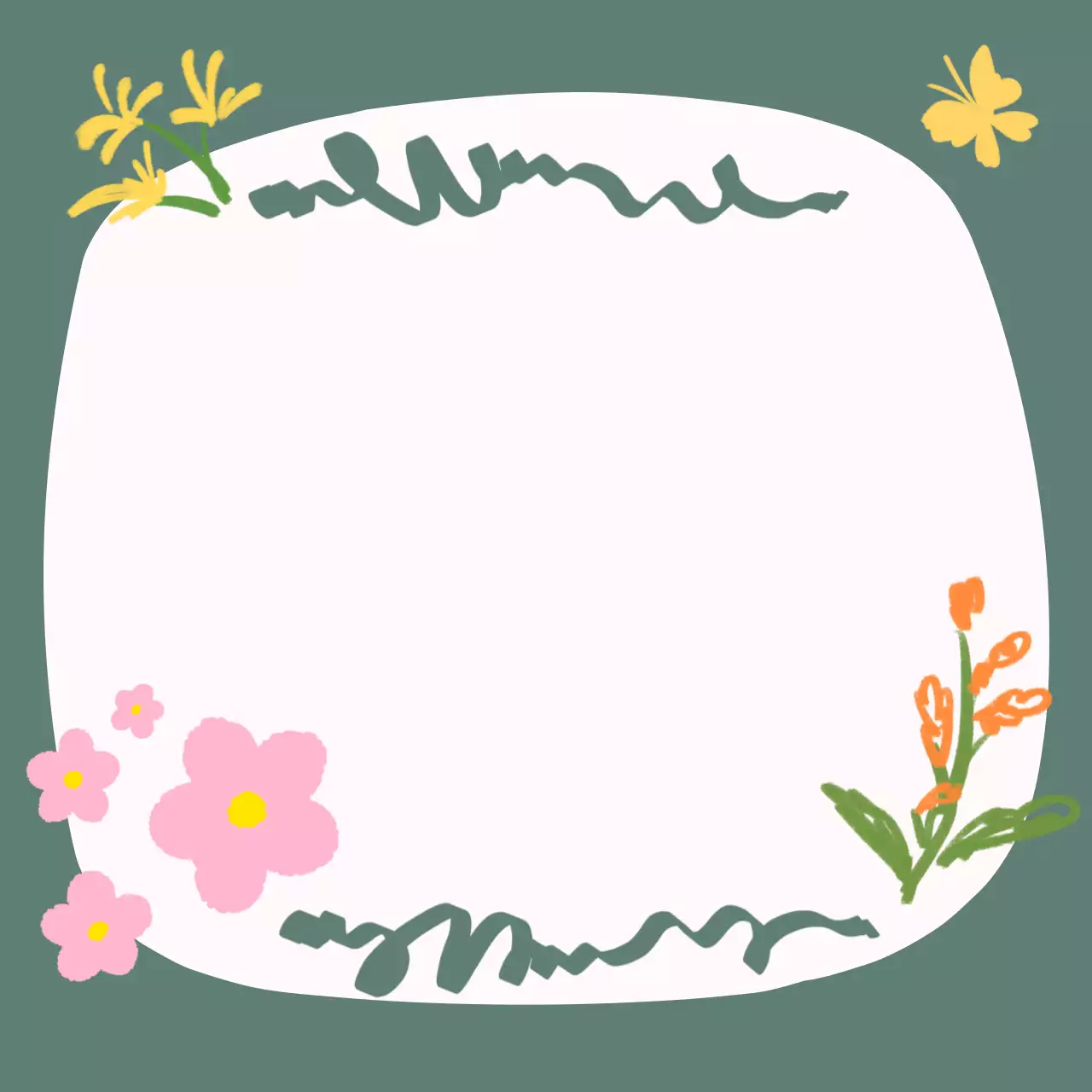 카키 아기자기한 꽃 나비프레임