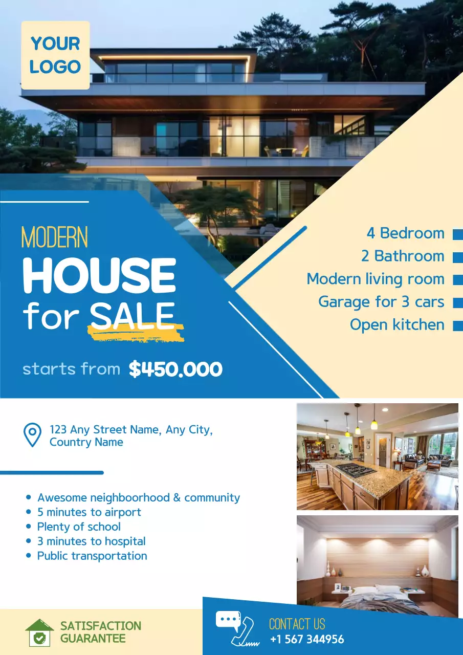 Geometric Real Estate Promotion in Blue and Yellow Tones
