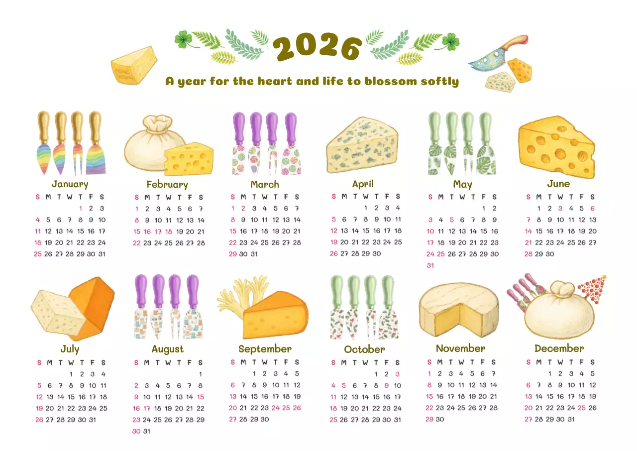 무지개 빛처럼 다양한 치즈와 치즈나이프 캘린더