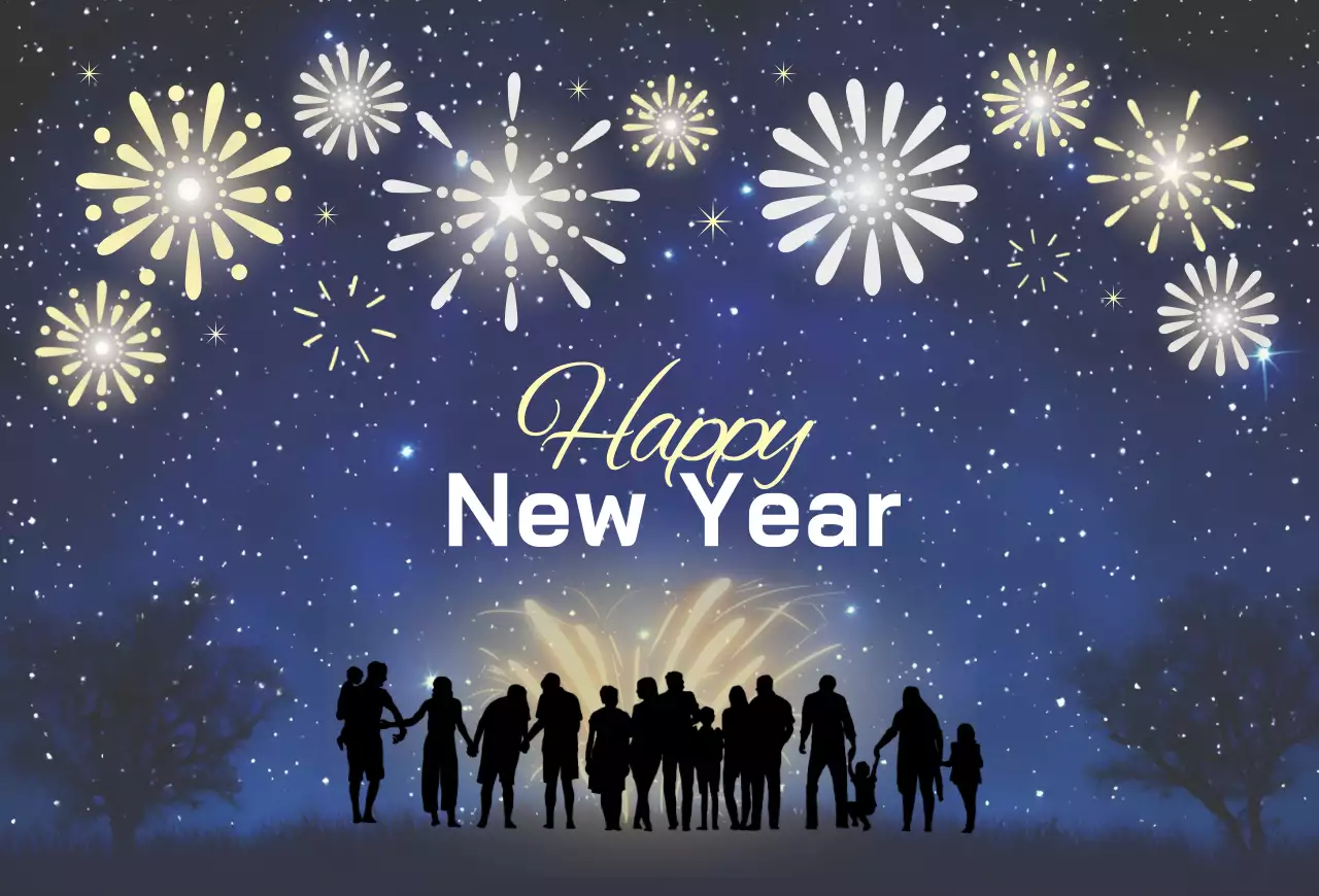 남색의 아기자기한 불꽃놀이 새해 레터