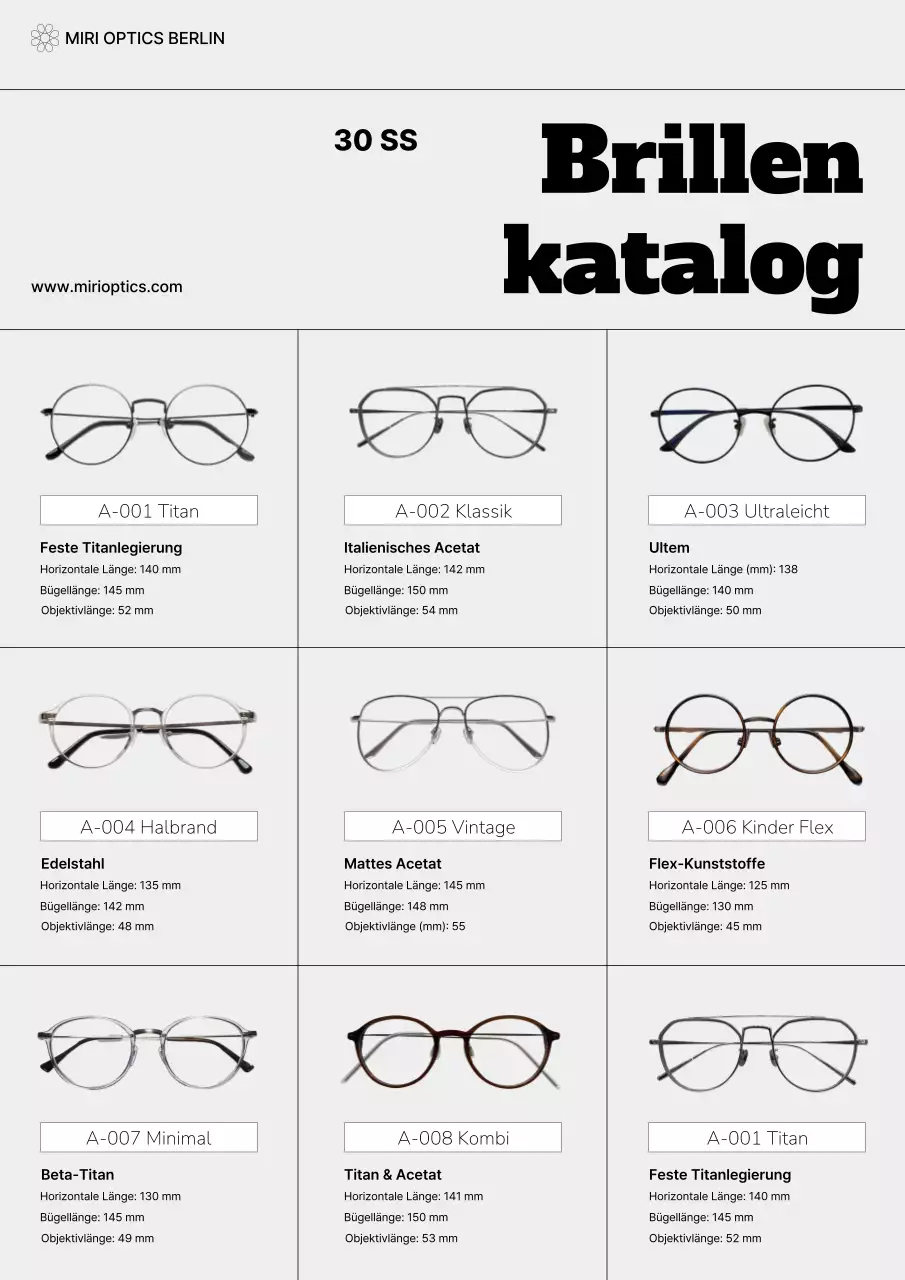Katalog für einfache graue Brillen