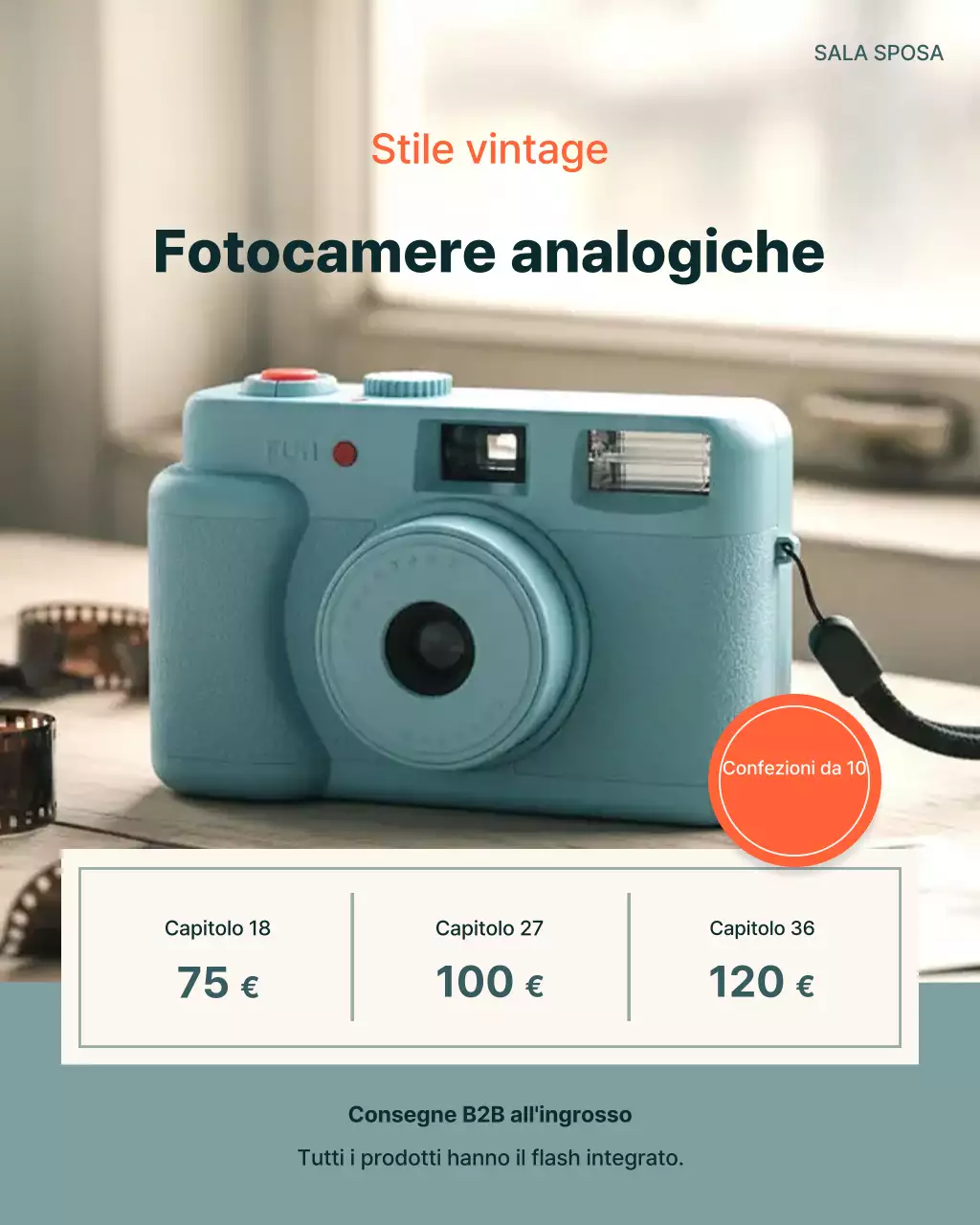 Pubblicità di una macchina fotografica vintage color azzurro cielo