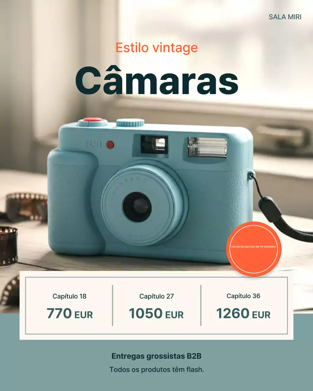 Anúncio de câmera vintage azul celeste