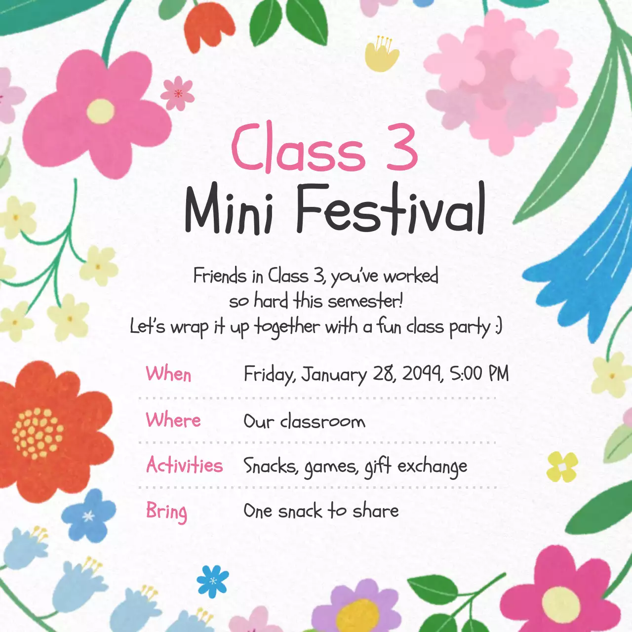 핑크 아기자기한 학급 축제 안내