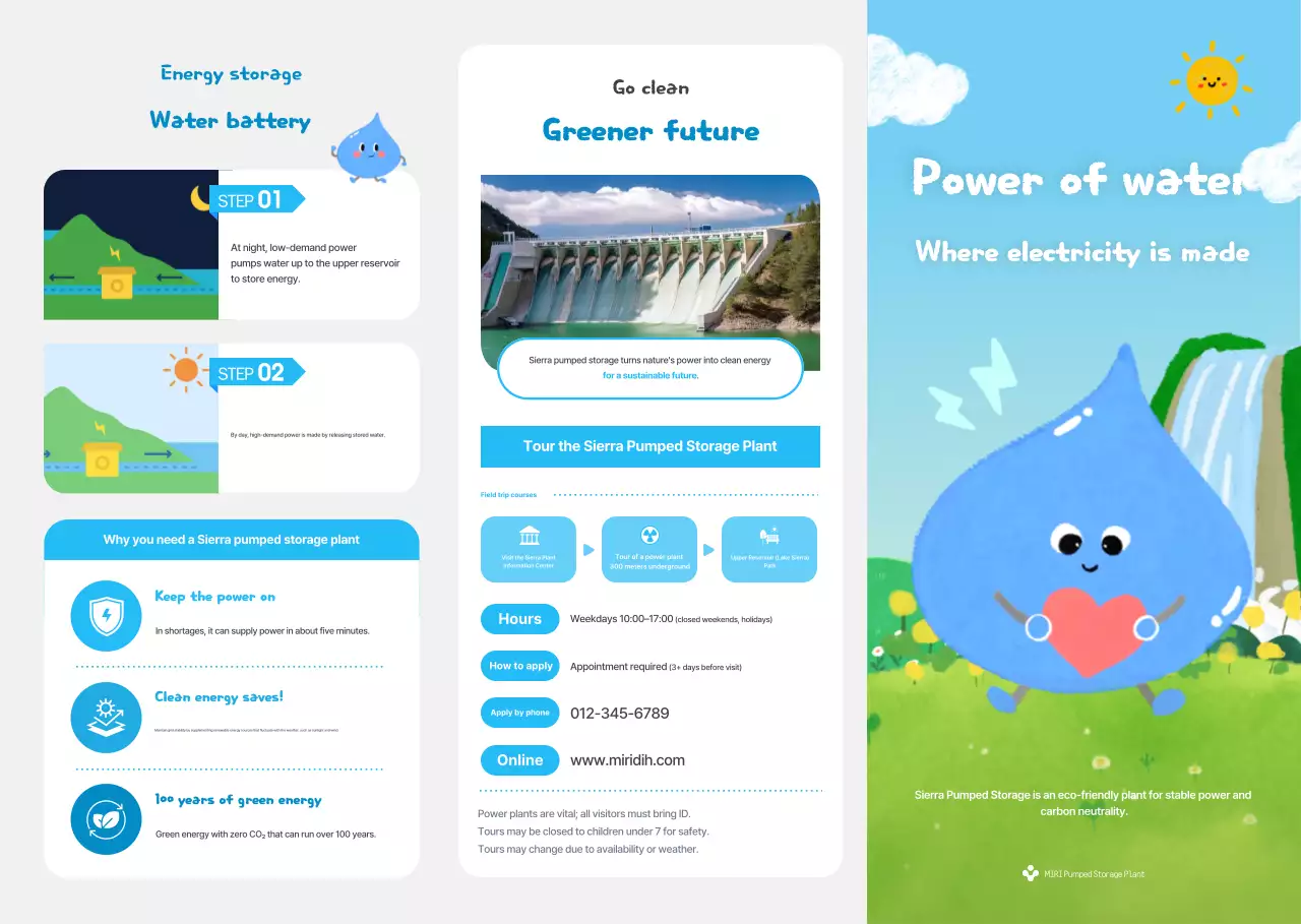 Promosi pembangkit listrik tenaga air yang lucu dan berwarna biru langit.