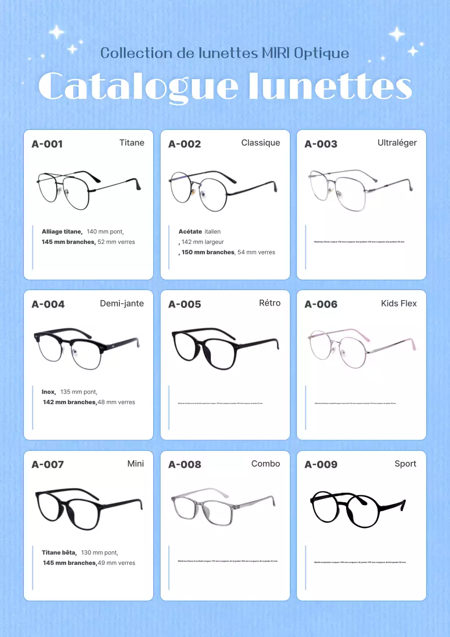Catalogue de lunettes modernes bleues