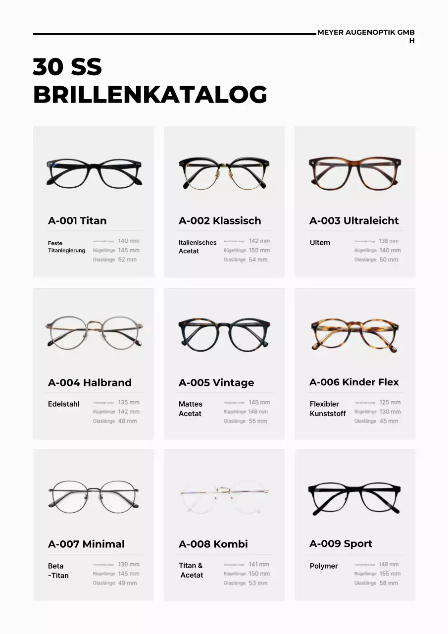 Katalog für moderne schwarze Brillen