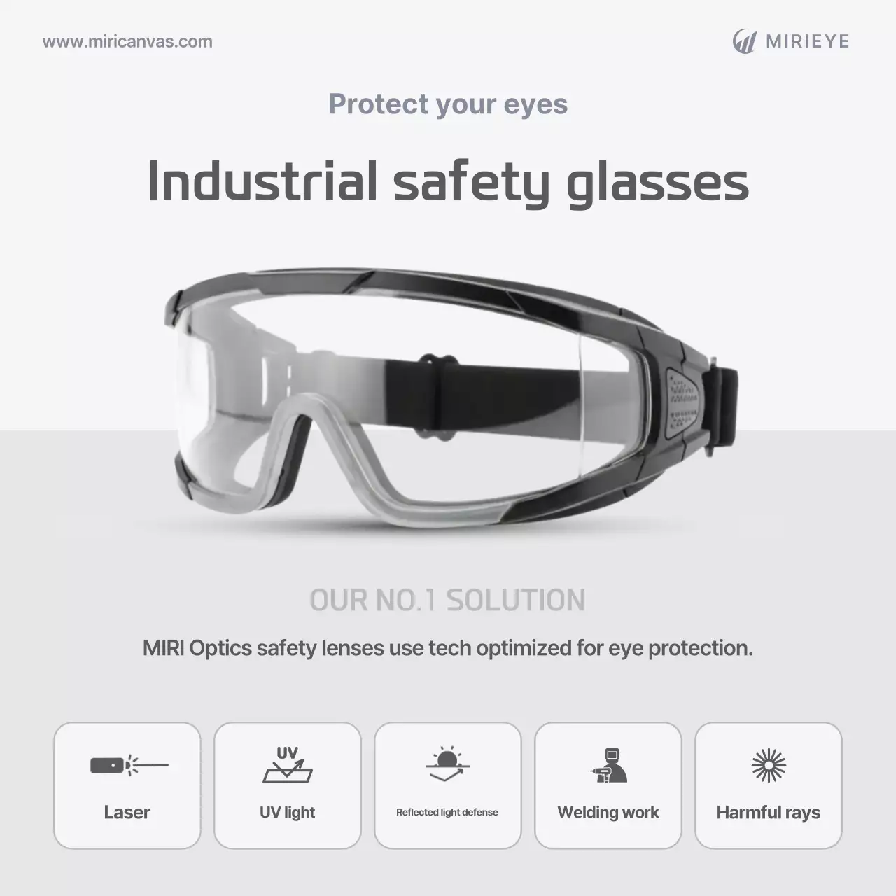 Anúncio de óculos de segurança industriais modernos na cor cinza.