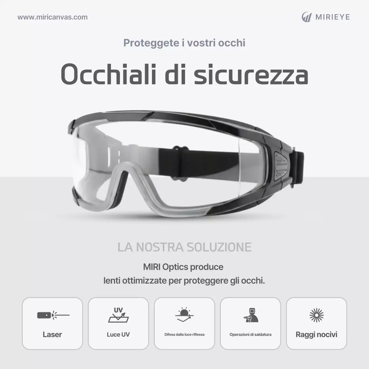 Pubblicità per occhiali di sicurezza industriali moderni grigi