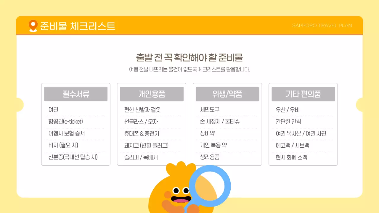 노랑 귀여운 여행계획서 일정 관리