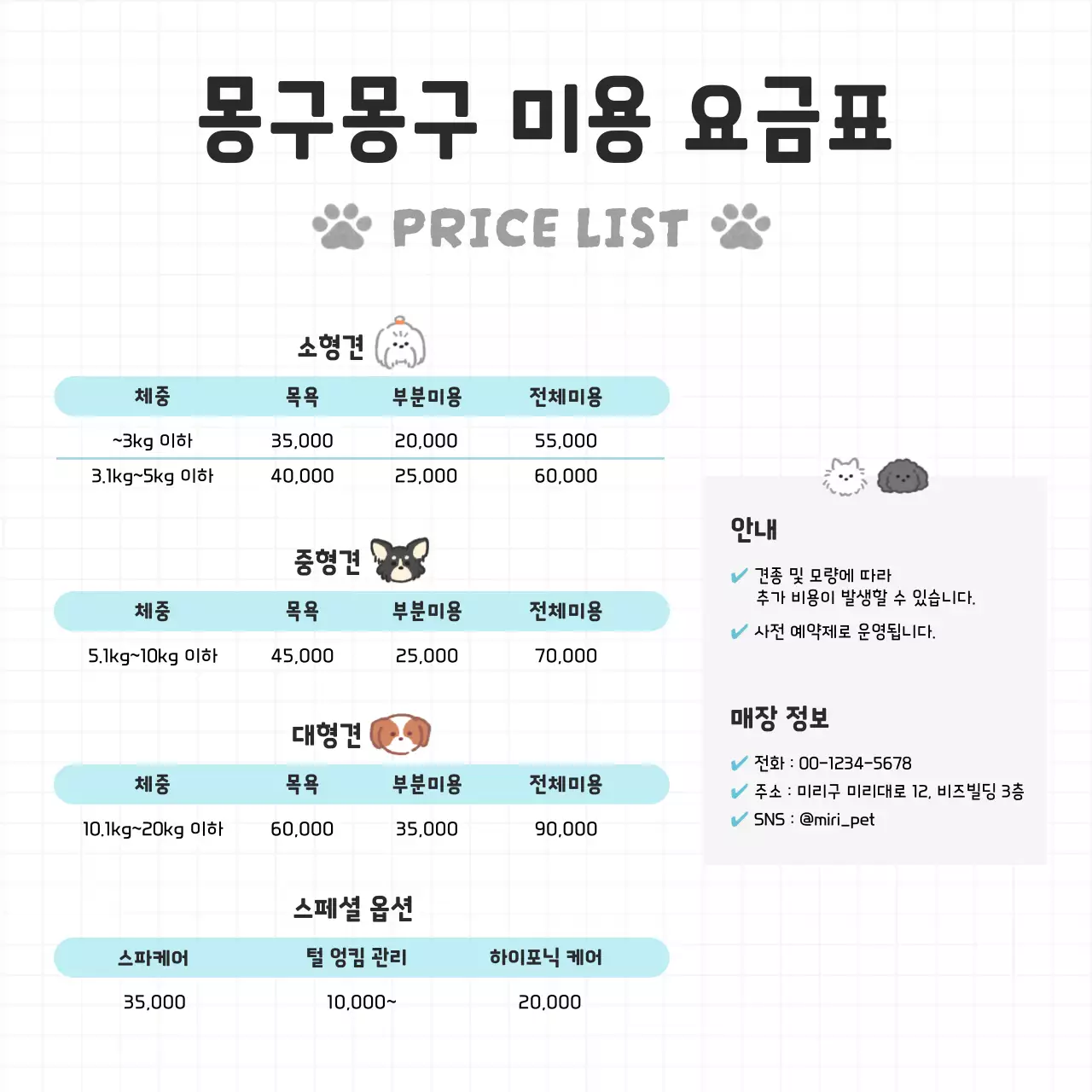 하늘색 심플 애완동물 요금 안내