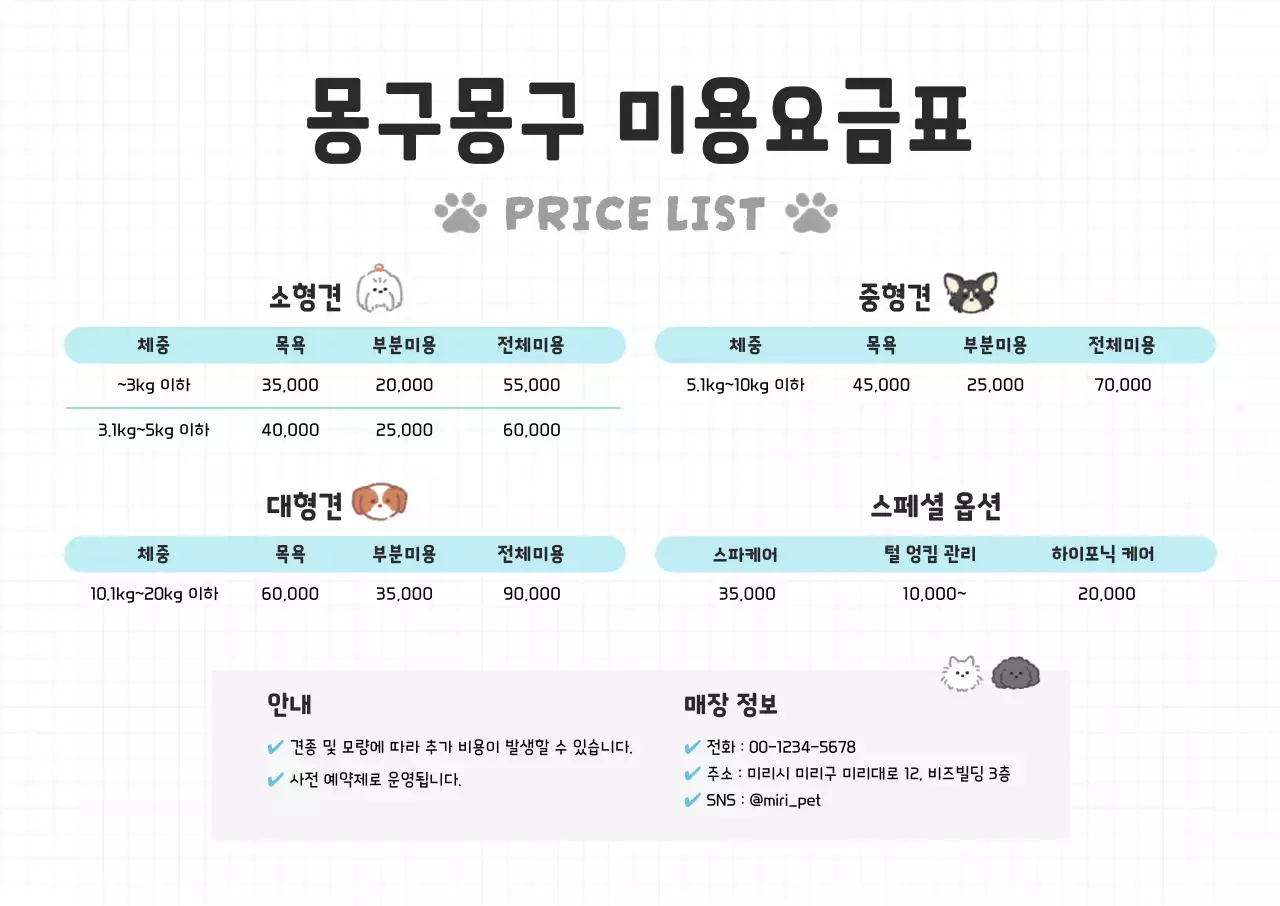 하늘색 심플 애완동물 요금 안내