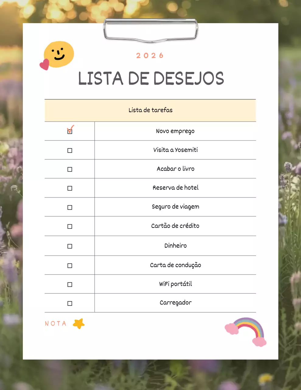 Agenda minimalista branca para lista de desejos