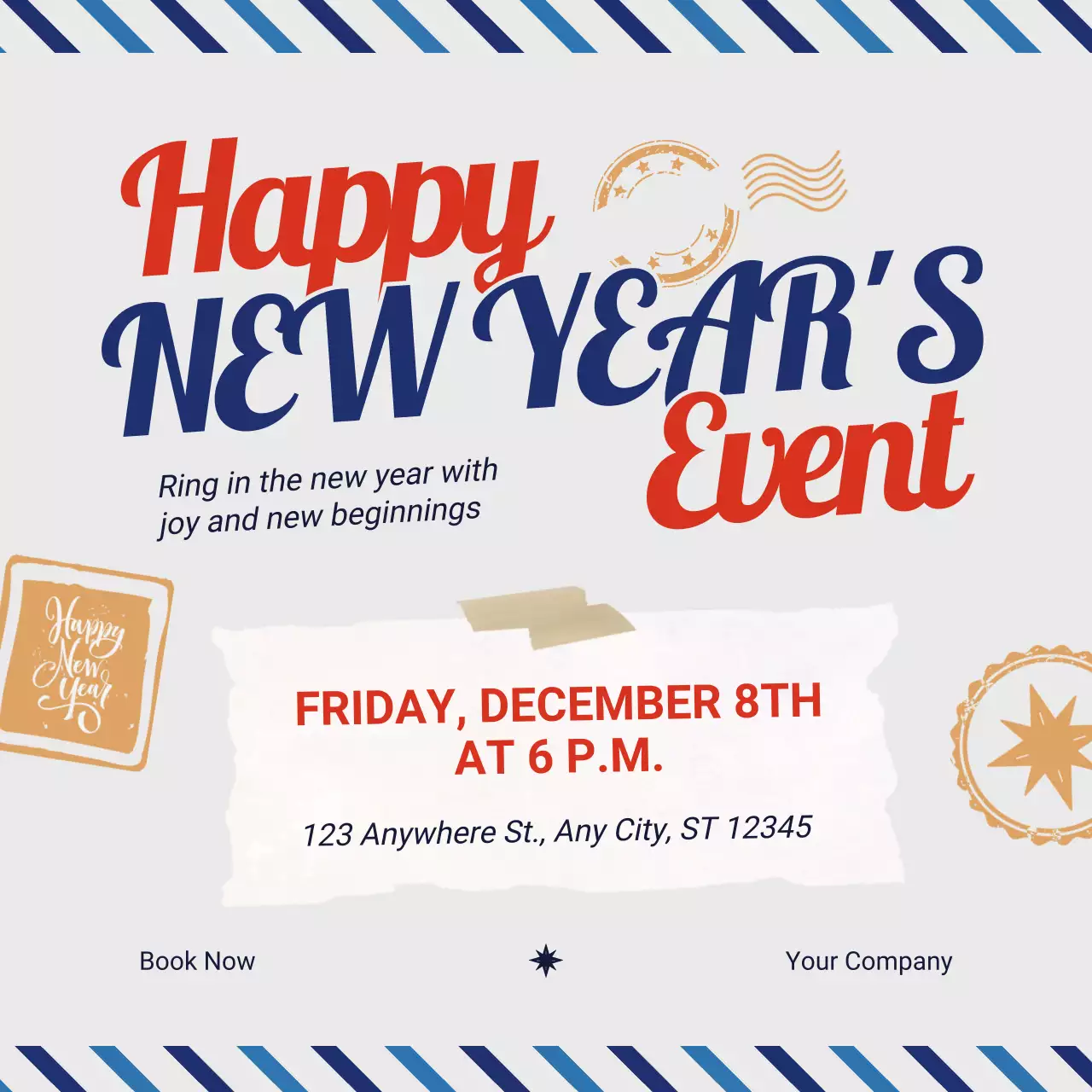 파란색과 빨간색의 대담하고 장난스러운 새해 이벤트 소셜 미디어 광장