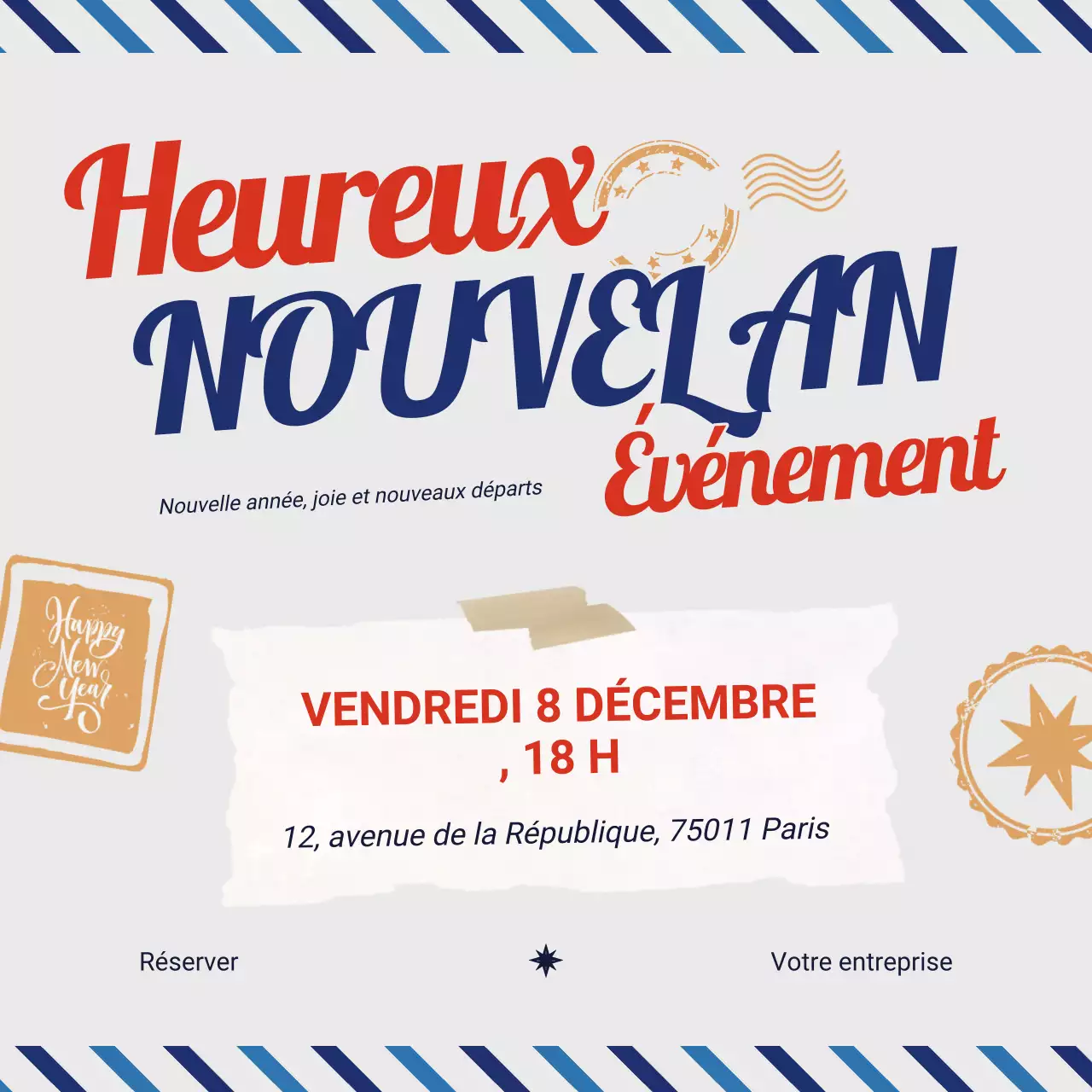 Événement du Nouvel An audacieux et ludique en bleu et rouge sur les réseaux sociaux