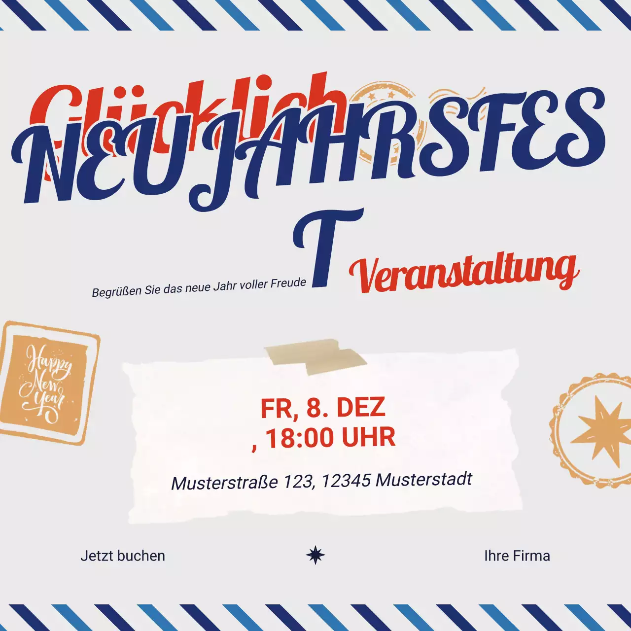 Blau und Rot – Kräftige und verspielte Neujahrsveranstaltung – Social-Media-Platz