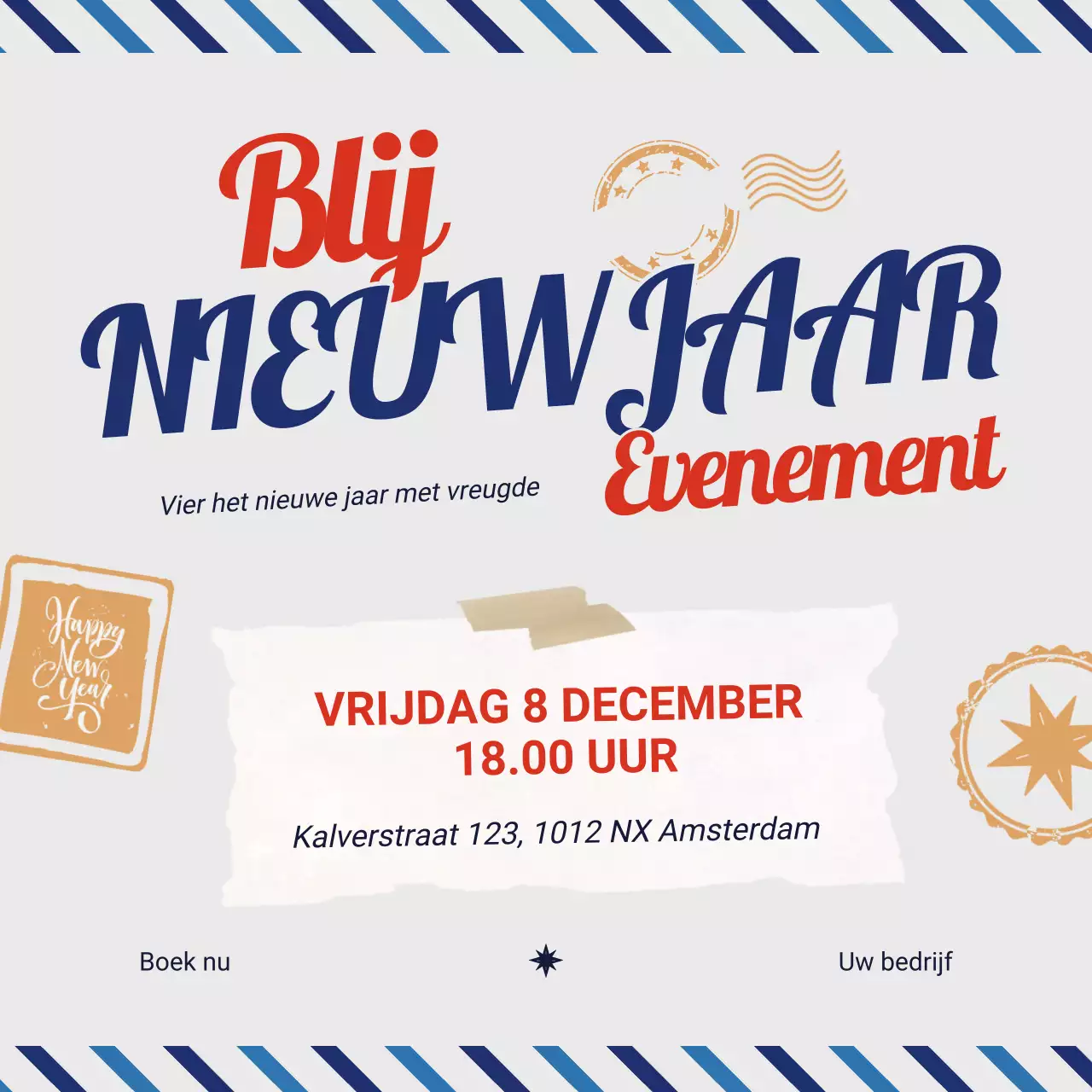 Blauw en rood, opvallend en speels, nieuwjaarsevenement, vierkant voor sociale media