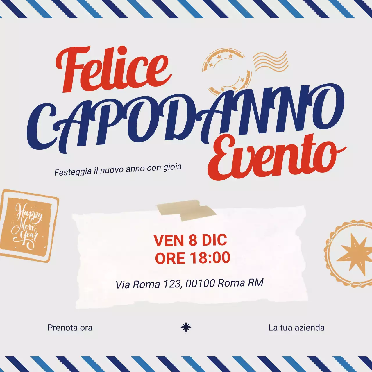 Evento di Capodanno giocoso e audace blu e rosso sui social media