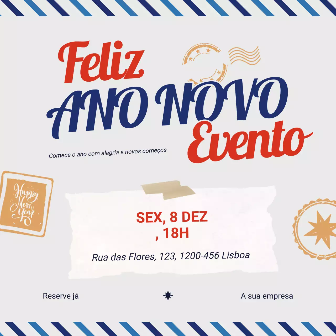 Evento de Ano Novo ousado e divertido em azul e vermelho no Social Media Square