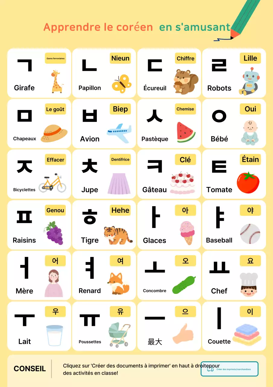Matériel pédagogique mignon et jaune en langue coréenne