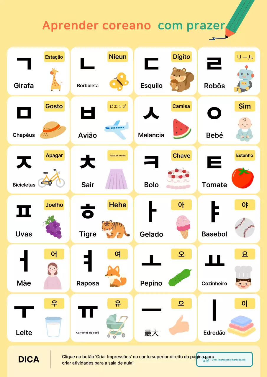 Materiais educativos fofos em amarelo para o ensino da língua coreana