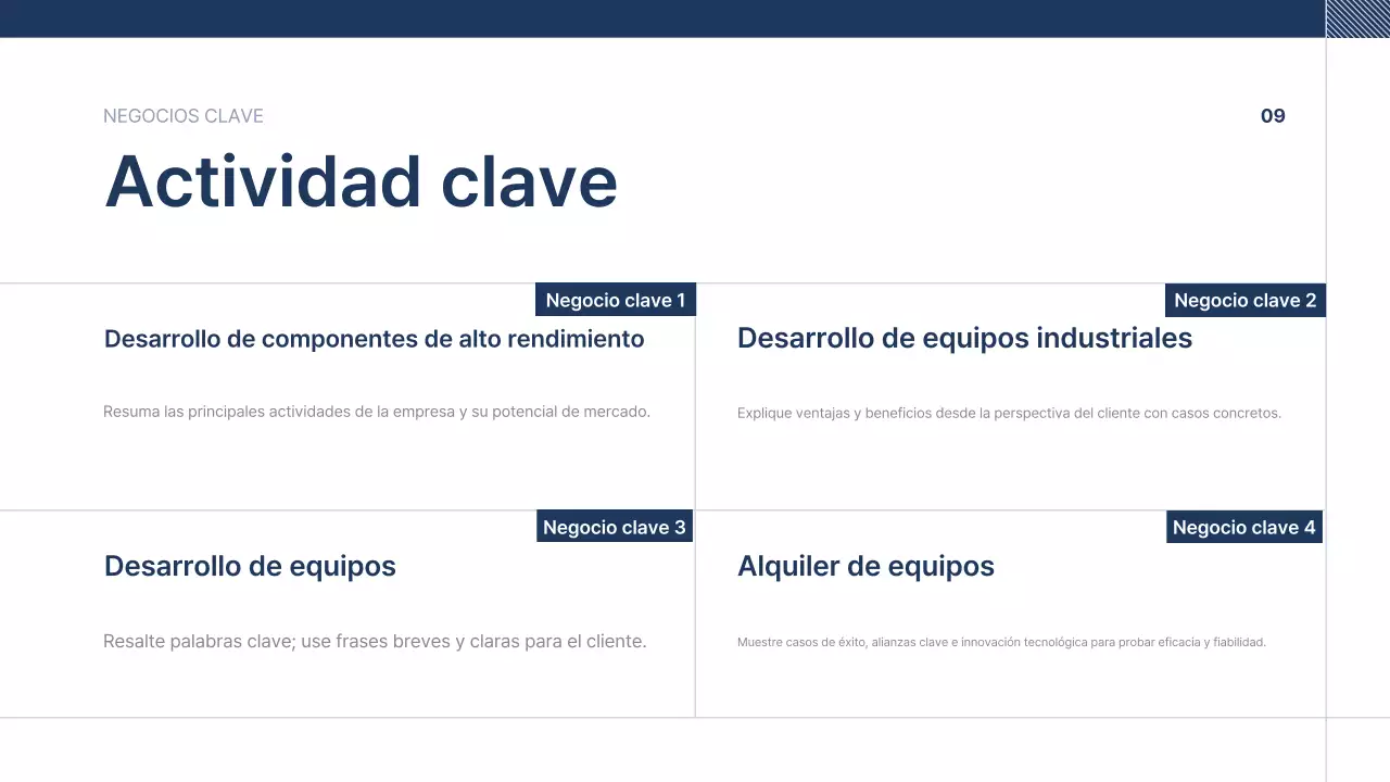 Texto de presentación de empresa ordenado en azul marino
