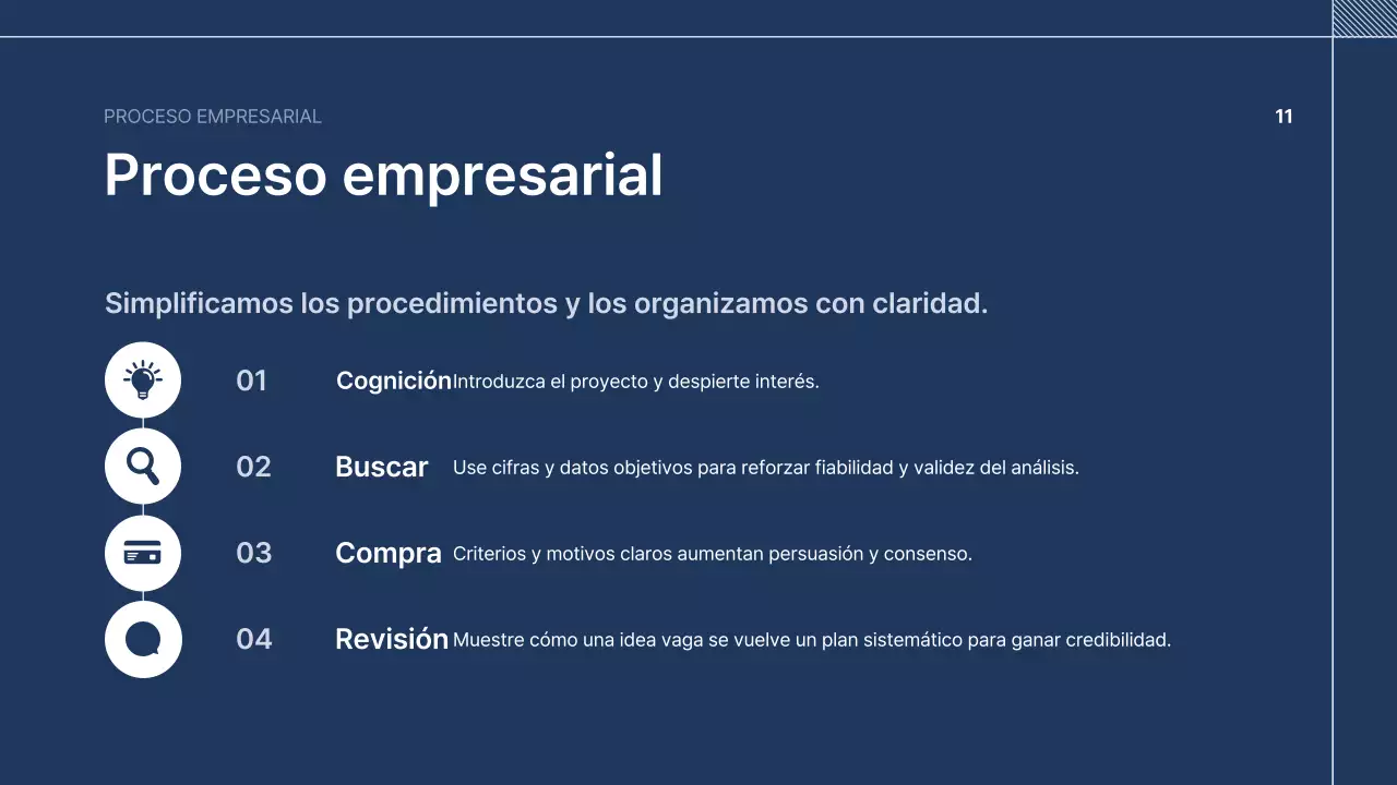 Texto de presentación de empresa ordenado en azul marino