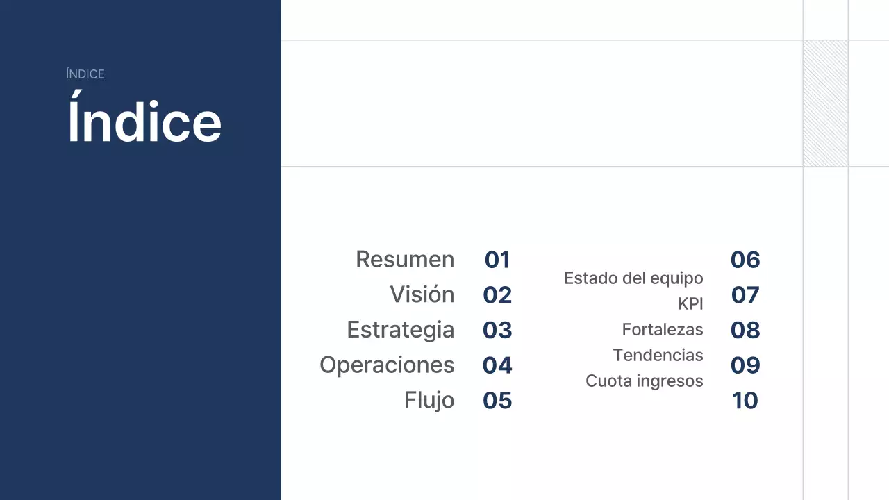 Texto de presentación de empresa ordenado en azul marino