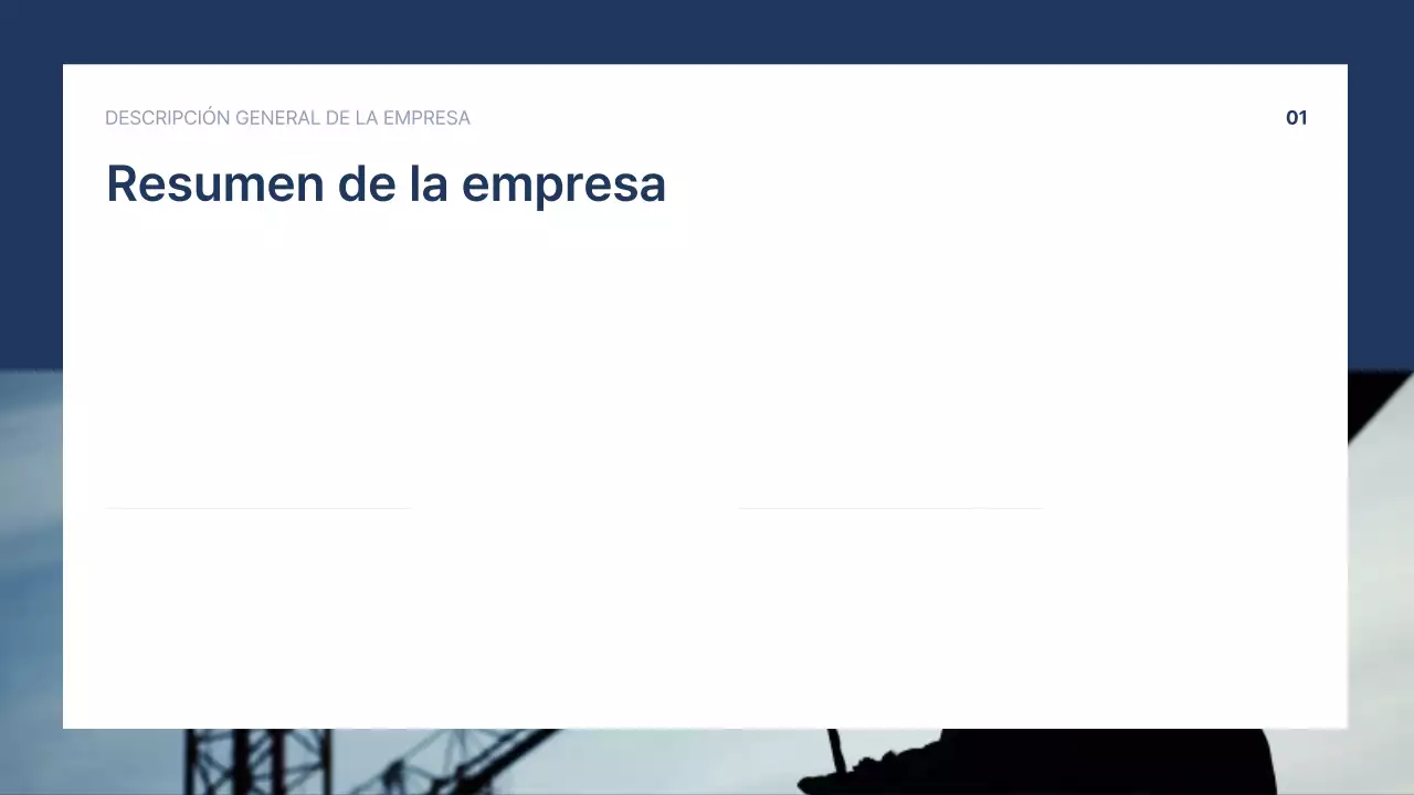 Texto de presentación de empresa ordenado en azul marino
