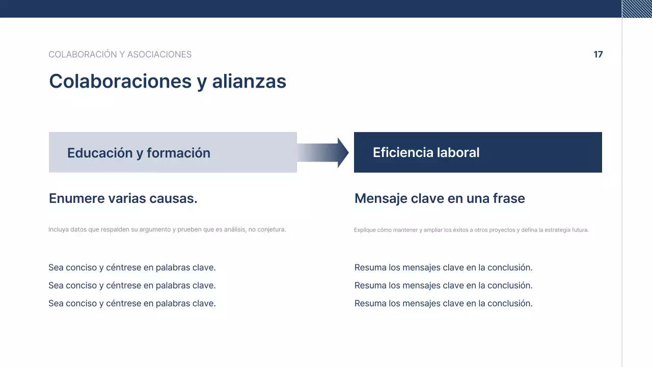 Texto de presentación de empresa ordenado en azul marino