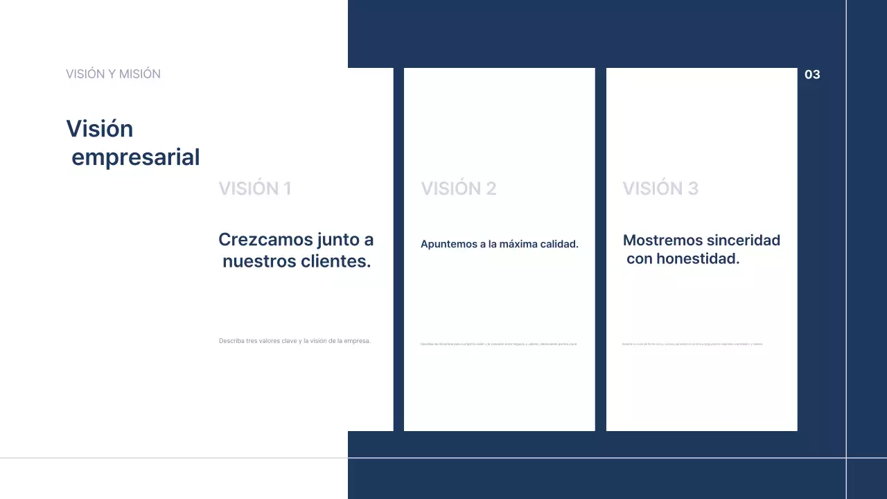 Texto de presentación de empresa ordenado en azul marino