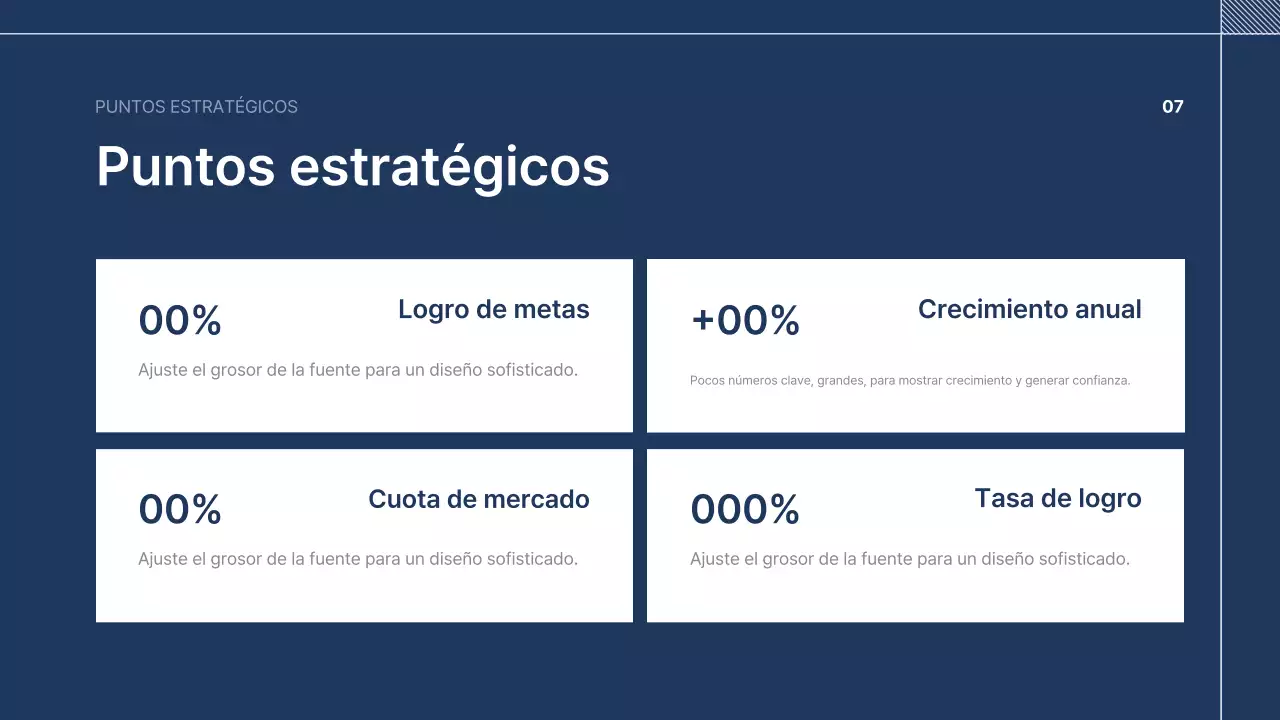 Texto de presentación de empresa ordenado en azul marino