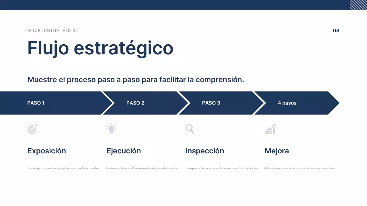 Texto de presentación de empresa ordenado en azul marino