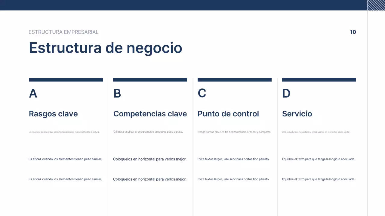 Texto de presentación de empresa ordenado en azul marino