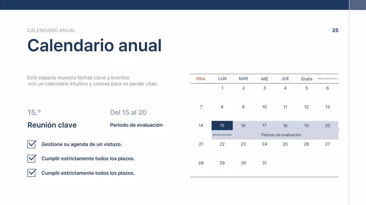 Texto de presentación de empresa ordenado en azul marino